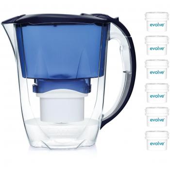 Paquete anual para 12 meses Aqua Optima - Jarra con filtro de agua Oria con 6 cartuchos de filtro para 60 días Evolve - Azul