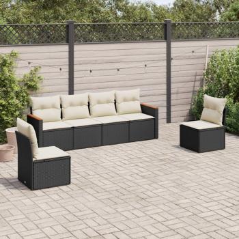 6-Piece Black Poly Rattan Garden Sofa Set with Cushions