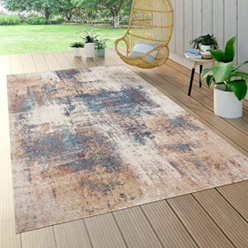 Alfombra Exterior Terraza Vintage Motivo Abstract Beige Azul Ø 200 cm Redonda - Paco Home