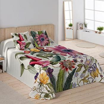 Colcha Bouti Estampada Fiora - Microfibra 100% Poliéster Extra Suave con Funda de Cojín - Fabricado en España - Cama 90/105/135/150/180 cm