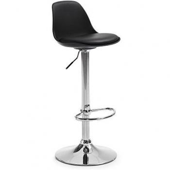 Kave Home - Taburete Alto de Bar Orlando-T Negro de Altura Regulable 60-82 cm con Respaldo, Asiento tapizado en Piel sintética y pie de Acero
