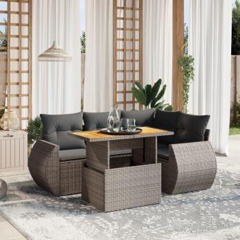 5-Piece Grey Poly Rattan Garden Sofa Set with Cushions