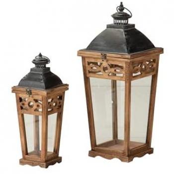 Set de 2 Faroles de Madera Marrón 26x26x68 y 18x18x45 cm - Complemento Ideal para Decoración del Hogar