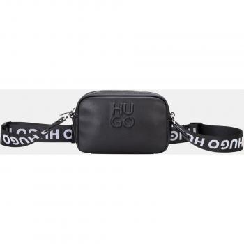 Bolso tipo bandolera HUGO en eco piel reciclado color negro con asa regulable y logo jacquard a contraste