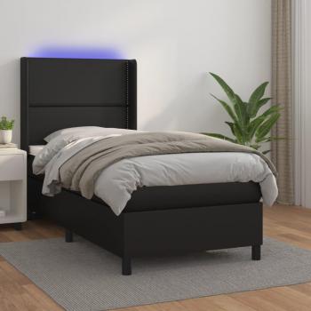 Cama box spring suave con colchón y LED negro 90x190 cm de cuero sintético