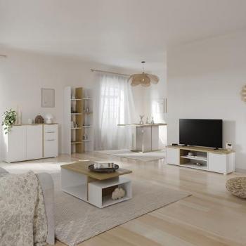 Pack Muebles Salón Completo Estilo Nórdico en Roble Hamilton y Blanco Mate con Mesa de TV, Mesa de Centro, Aparador y Estantería