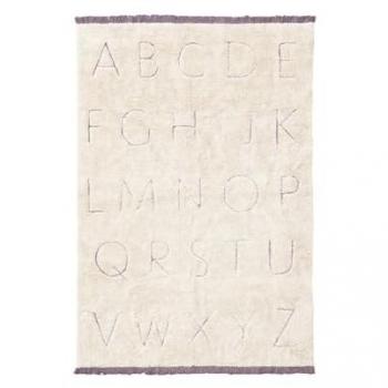 Alfombra lavable abecedario de algodón blanco 90x130 cm, hecha a mano, en forma rectangular, con tintes ecológicos