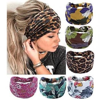 6 piezas Boho Bandeau Diademas de nudo ancho Pañuelo para el cabello con estampado floral Banda para el cabello Accesorios para el cabello de moda para mujeres y niñas