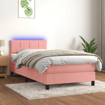 Cama box spring con colchón y LED en terciopelo rosa 100x200 cm