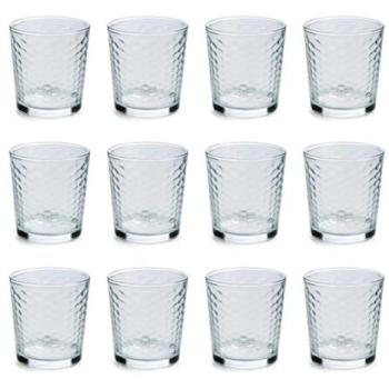 Set de 12 Vasos Bajos de Vidrio Transparente 26CL con Relieve, Apto para Frigorífico, Fácil de Limpiar y Reciclable