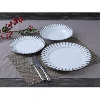 Juego de vajilla de porcelana de 18 piezas - Blanco y Plateado - DYNAO - Compatible con lavavajillas