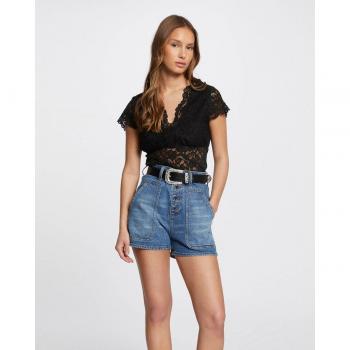Camiseta de mujer Morgan de encaje con escote en V color negro