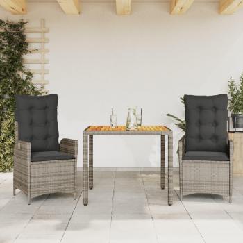 3-Piece Grey Poly Rattan Garden Dining Set with Cushions