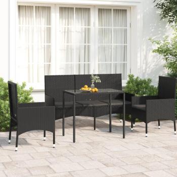 Sofás de jardín de 4 piezas con almohadas negras en Polyrattan, ratán sintético negro