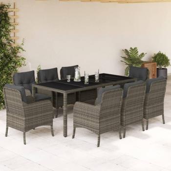 9-Piece Grey Poly Rattan Garden Dining Set with Cushions