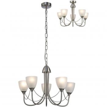 Cooper colgante níquel satinado 5 bombillas 41cm, Techo Colgante de techo con 5 luces, convertible semi empotrado E14 en níquel satinado, vidrio opalino