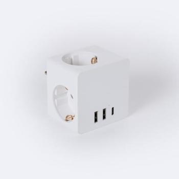 Adaptador Enchufe Triple Tipo F Schuko 2 USB + 1 USB-C Blanco