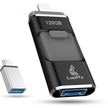 Looffy Memoria USB Pen Drive 128GB para iPhone y iPad USB 3.0 Memoria Flash Pendrive con Tipo C para iPhone iPad iOS Android Móvil Tableta PC 4 en 1