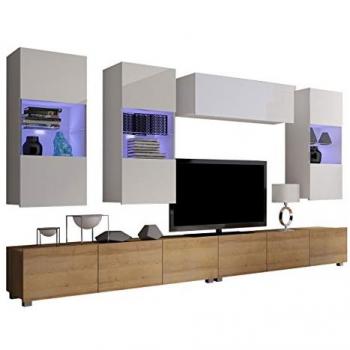 Conjunto de Salón Providence B109 - Muebles de Aglomerado Laminado con Mesa de TV, 300 x 43 cm, en Roble Dorado y Blanco Brillante