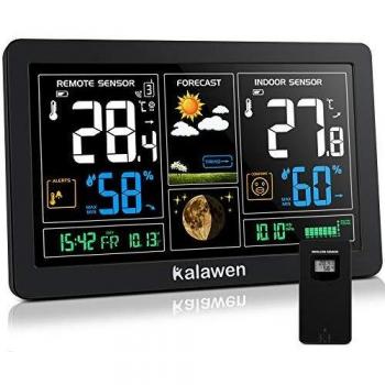 Kalawen estacion meteorologica interior exterior con sensor digital estación meteorológica 10 en 1 Pantalla digital LCD Colorida contermómetro Higrómetro Fase Lunar Reloj Snooze Pronóstico Tiempo