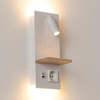 Aplique de Pared Möbius Blanco con Luz de Lectura 3W, Luz Ambiental 6W, USB, Enchufe Integrado y Bandeja de Madera