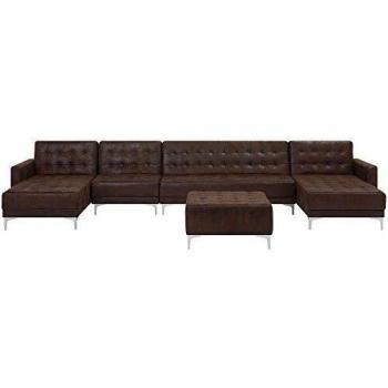 Sofá Cama Modular U en Piel Sintética Marrón Tufted para 6 Personas con Reposapiés y Chaise Lounge