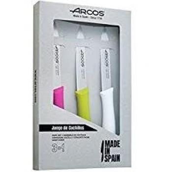 Set de 3 Cuchillos Mondadores Arcos - Hoja de Acero Inoxidable Nitrum® (100 mm) - Mangos Multicolores de Polipropileno - Estuche Regalo Ecológico