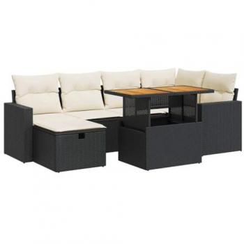 8-Piece Black Poly Rattan Garden Sofa Set with Cushions and Acacia Wood