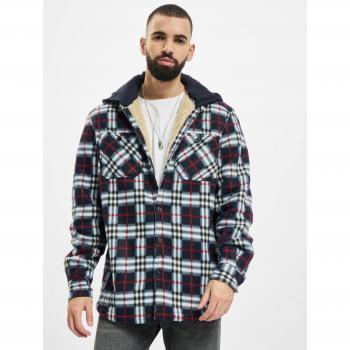 Hooded Polar Fleece Overshirt in Midnight Navy and Red