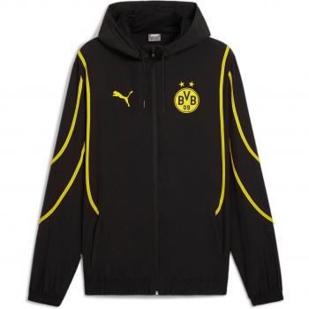 Chaqueta Prepartido Borussia Dortmund 2024/25 - Puma, color negro y amarillo, diseño oficial del equipo, material ligero y transpirable, cierre frontal con cremallera, logotipo bordado del Borussia Dortmund en el pecho, bolsillo
