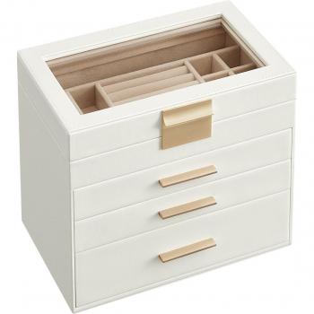 Caja de Joyería SONGMICS con 1 Compartimento de Vidrio y 3 Cajones Blancos, 4 Niveles Blanco Nube y Dorado
