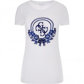 Guess Sequins Front Logo T-Shirt, Female T-Shirt, White, Size: XS, Round Neck