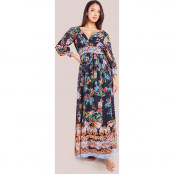 Goddiva Chiffon Wrap Border Floral Print Maxi Dress - Black - Size 14 UK