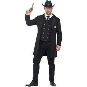 Smiffy'S 26530L Disfraz De Sheriff Con Curvas Con Chaqueta Chaleco Corbata Y Sombrero, Negro, L - Tamaño 42-44