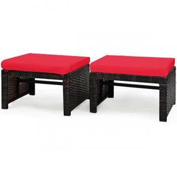 Patio Rattan Ottomans with Soft Cushion for Patio and Garden (2-Pack) - Red