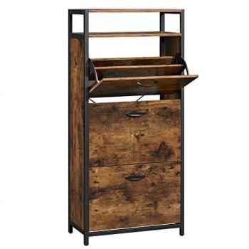 Zapatero VASAGLE con 3 compartimentos abatibles, capacidad para 15-18 pares, estante adicional y separadores, dimensiones 60x30x130 cm, color marrón rústico y negro