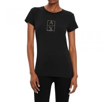 Armani Exchange Women's Slim Fit Black T-Shirt with Gold Studded Box Logo - Size XS