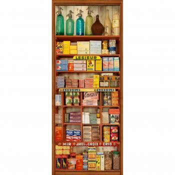 Pegatina mural vintage para puerta 204 cm x 83 cm - Decoración de tienda de comestibles antigua con estante de madera y frascos retro