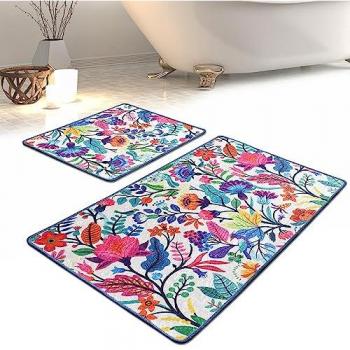 Wellhome Set de Alfombras de Baño Flores Colores 100% Terciopelo - Antideslizante - Lavable a Máquina (Juego de 2 Piezas)