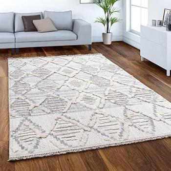 Alfombra Pelo Corto Salon Motivo Nordica Rombo 3D Con Flecos Crema Ø 120 cm Redonda