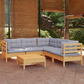 6-Piece Solid Pinewood Garden Lounge Set with Gray Cushions