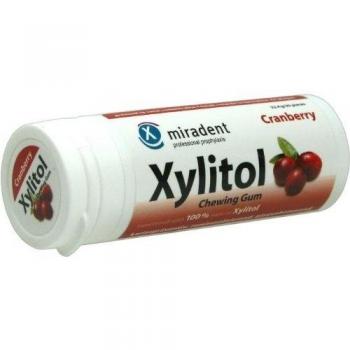 Miradent Goma de mascar Xylitol arándano 30 unidades, envase de 4