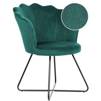 Sillón sin reposabrazos de terciopelo verde esmeralda con respaldo en concha y estructura de metal negro, diseño vintage clásico Lovelock