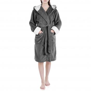Genuwin Bata de Forro Polar para Mujer con Capucha - Albornoz de Lujo de Microfibra Polyester con Cuello Tipo Smoking y Bolsillos Laterales - Oeko Tex 100