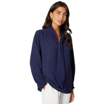 Navy Women's Tie Neck Shirred Cuff Blouse - Size 14 UK