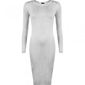 WearAll - Mujeres Tallas Grandes Manga Larga Stretch Bodycon llanura Midi vestido - Blanco - 52-54