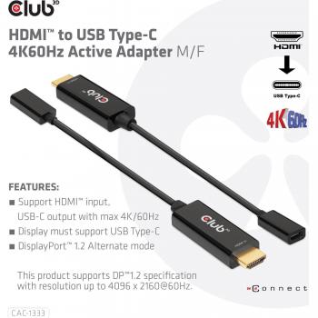 Adaptador de cable de vídeo CLUB3D CAC-1333 HDMI tipo A (Estándar) a USB Tipo C, 0,22 m, color negro