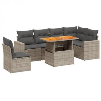 7-Piece Grey Poly Rattan Garden Sofa Set with Cushions