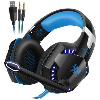 Cascos Auriculares Gaming con Micrófono, Over-ear Headset Auricular Gamer Juegos Jack 3,5mm Ultra-livianos Ajustable Estéreo LED y USB para PS4 PC Computadoras
