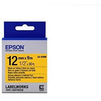 Cinta de Etiquetas Epson LK-4YBW Negro sobre Amarillo Extra Fijación 12mm x 9m para LabelWorks LW-1000, 300, 400, 600, 700, 900, K